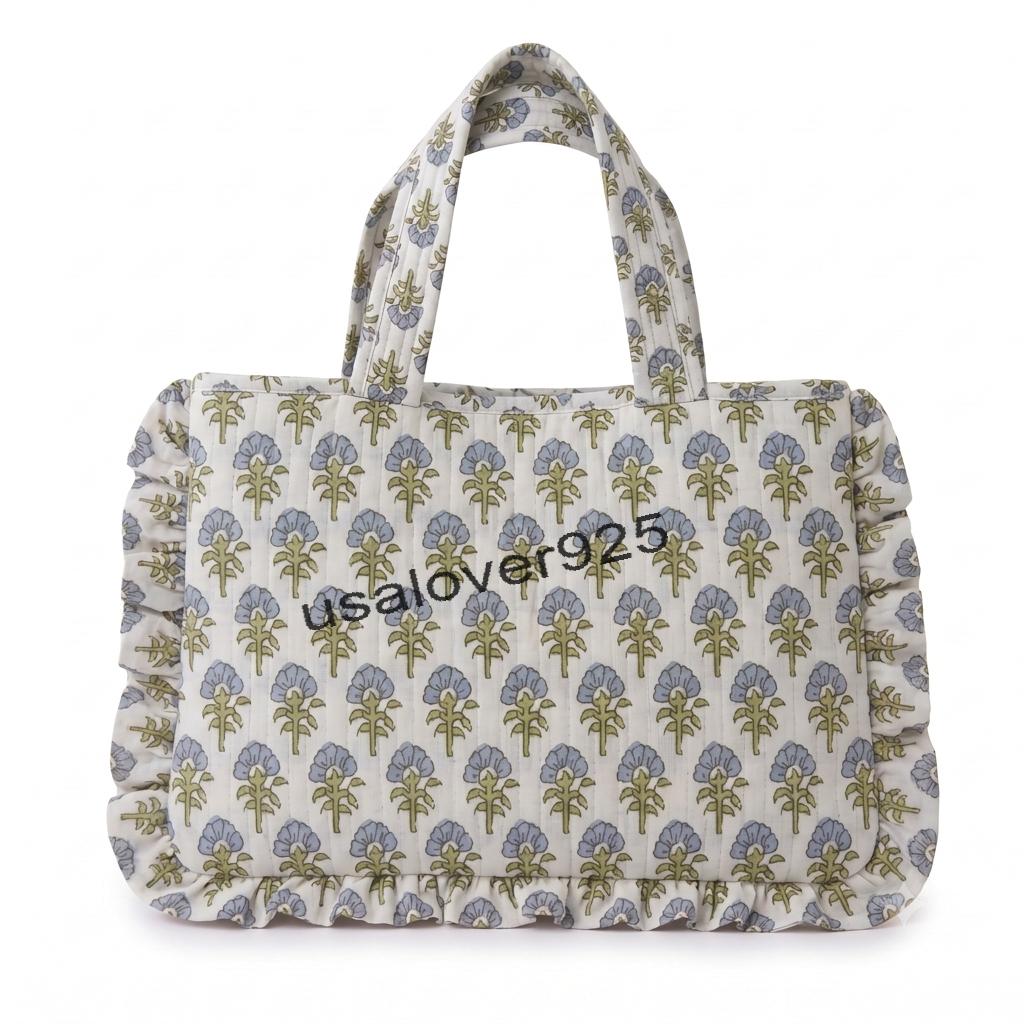 Handmade Ruffled Cotton Tote Bag – White Blue Floral Quilted Shoulder & Beach Bag