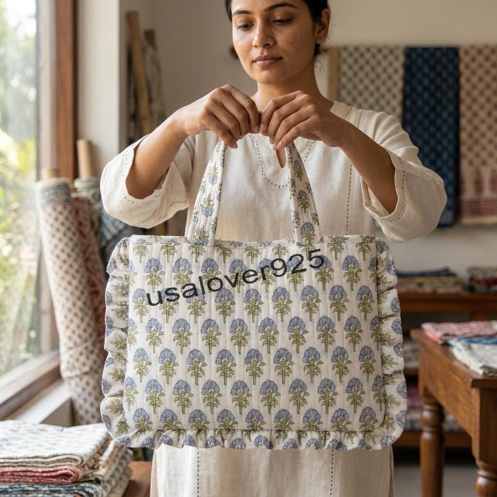 Handmade Ruffled Cotton Tote Bag – White Blue Floral Quilted Shoulder & Beach Bag
