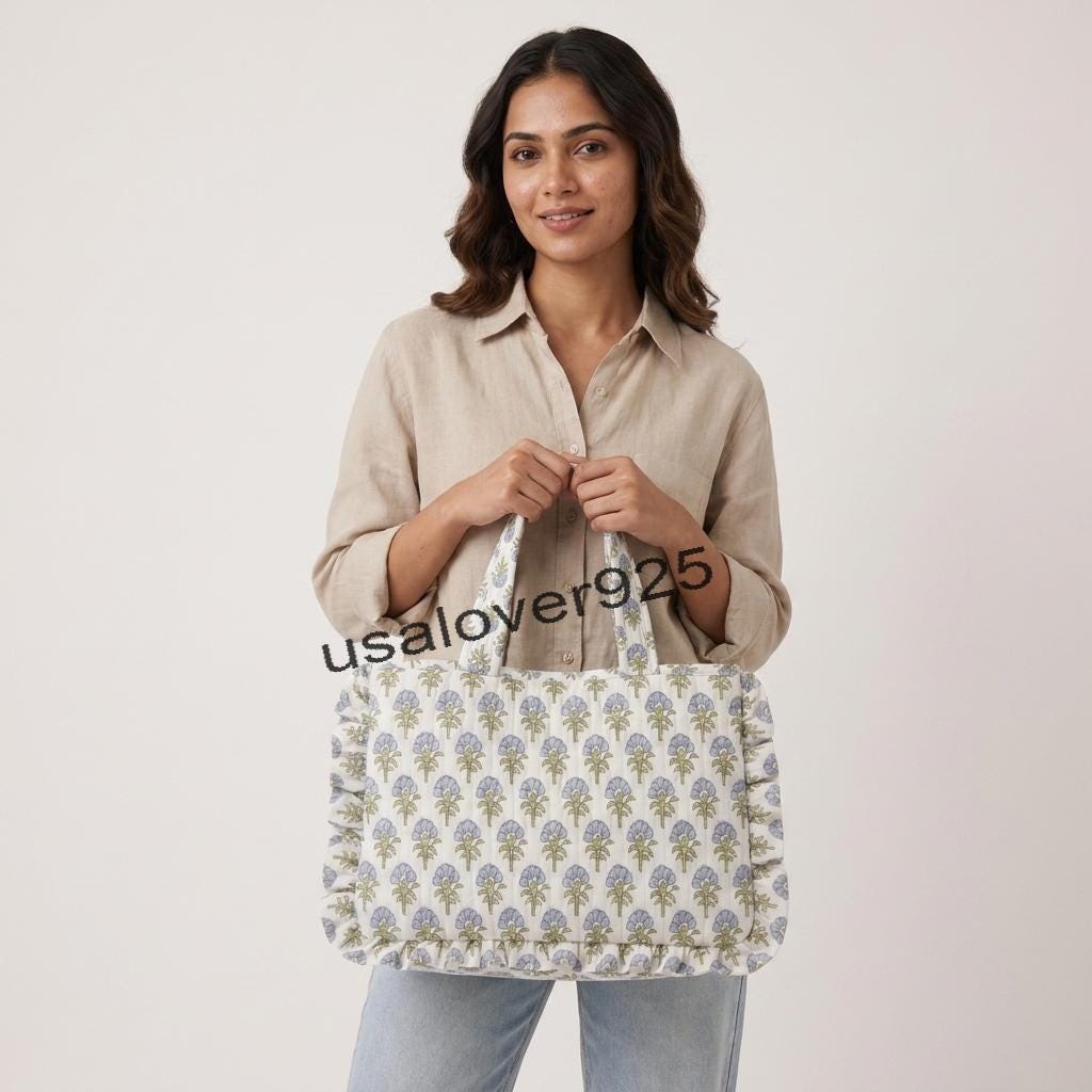 Handmade Ruffled Cotton Tote Bag – White Blue Floral Quilted Shoulder & Beach Bag
