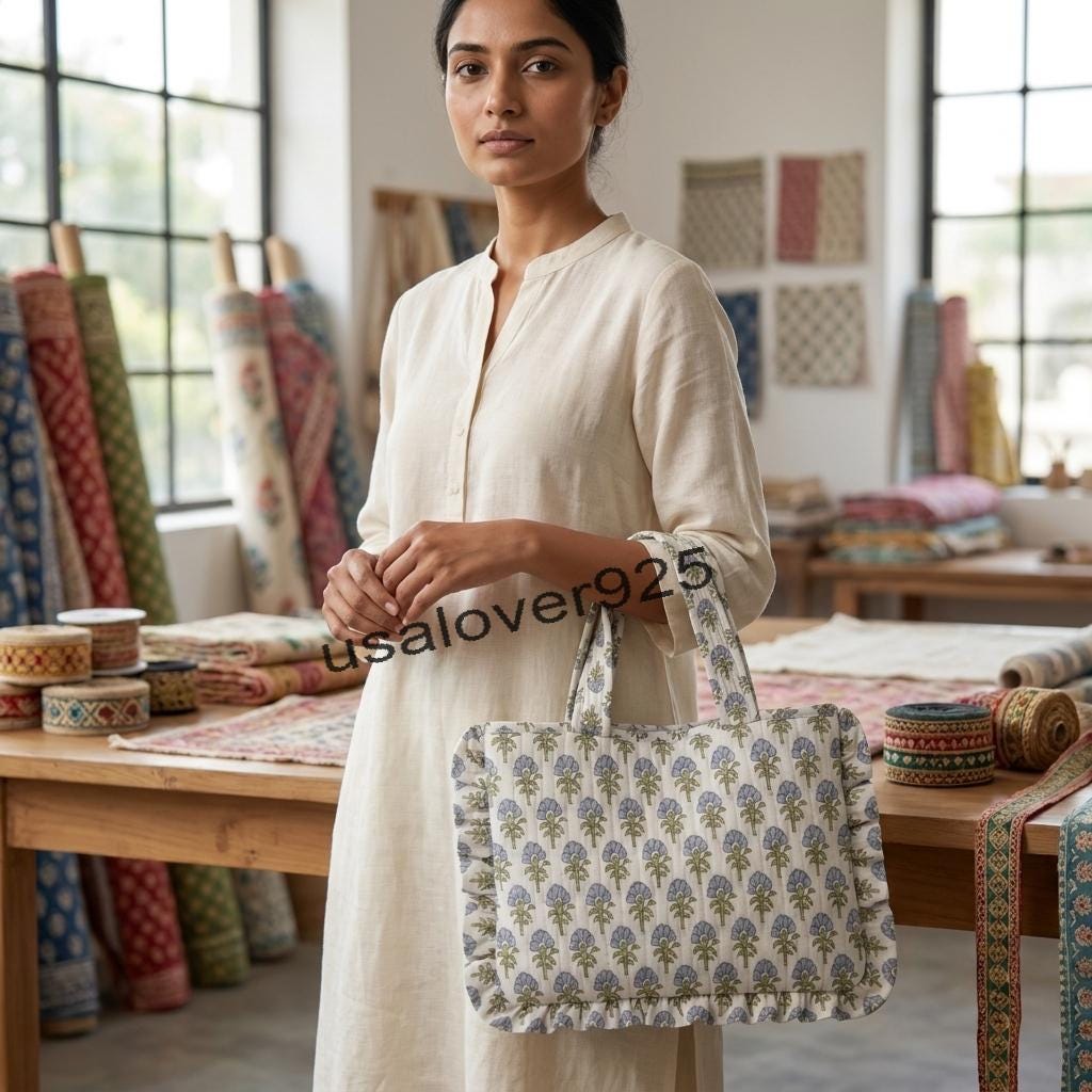 Handmade Ruffled Cotton Tote Bag – White Blue Floral Quilted Shoulder & Beach Bag