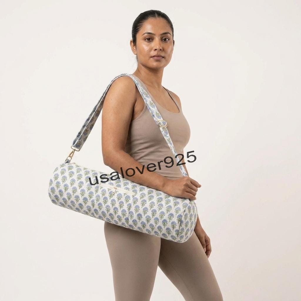 Handmade Quilted Cotton Yoga Mat Bag – Blue Floral Print Travel & Gym Carrier