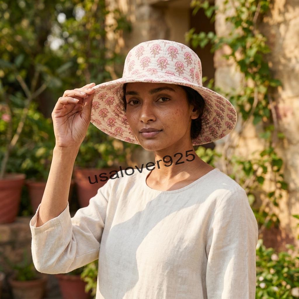 Handmade Quilted Cotton Sun Hat – Pink Floral Print Wide Brim Bucket Hat