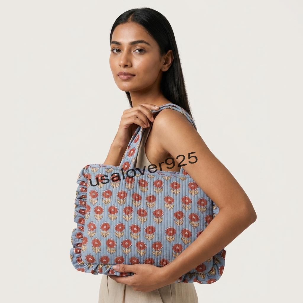 Quilted Cotton Tote Bag – Slate Blue & Rust Floral Ruffle Shoulder Bag