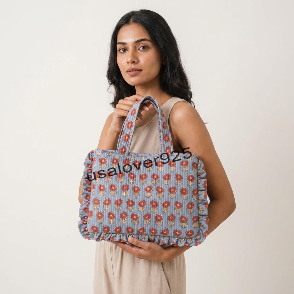 Quilted Cotton Tote Bag – Slate Blue & Rust Floral Ruffle Shoulder Bag