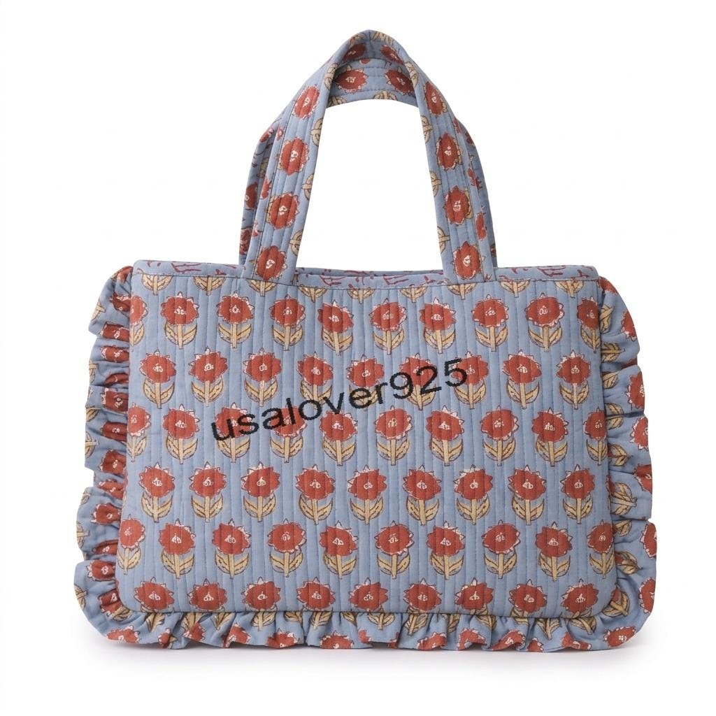 Quilted Cotton Tote Bag – Slate Blue & Rust Floral Ruffle Shoulder Bag