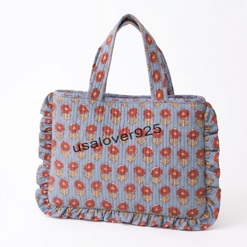 Quilted Cotton Tote Bag – Slate Blue & Rust Floral Ruffle Shoulder Bag