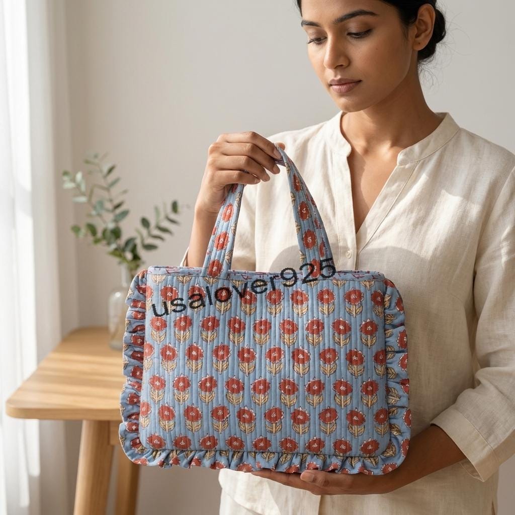 Quilted Cotton Tote Bag – Slate Blue & Rust Floral Ruffle Shoulder Bag