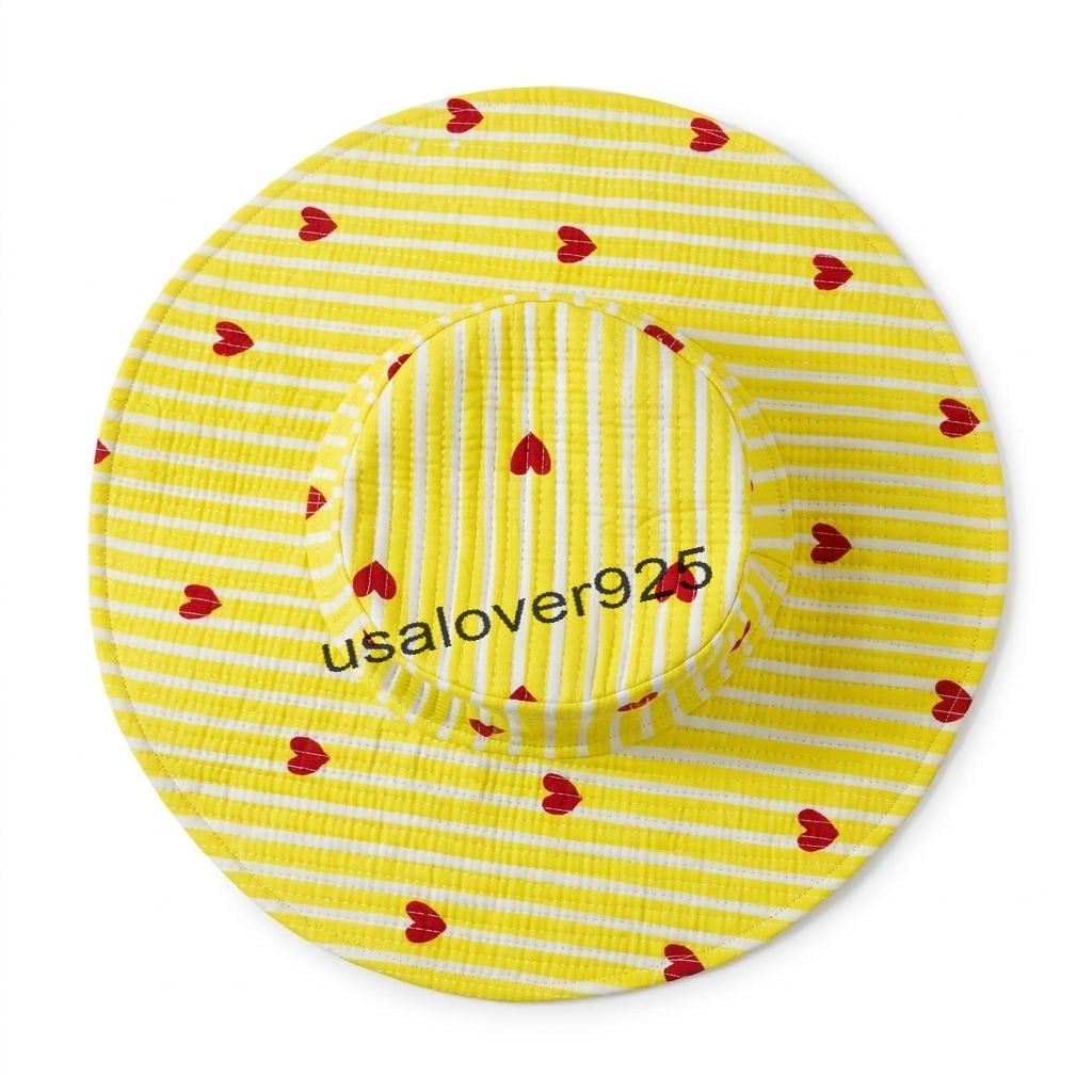 Handmade Cotton Sun Hat – Yellow Stripe Red Heart Block Print Wide Brim Beach Hat