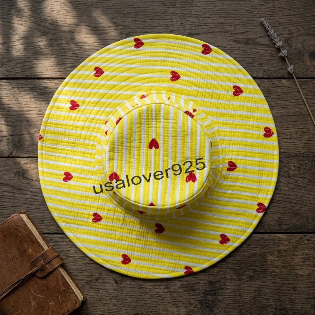 Handmade Cotton Sun Hat – Yellow Stripe Red Heart Block Print Wide Brim Beach Hat