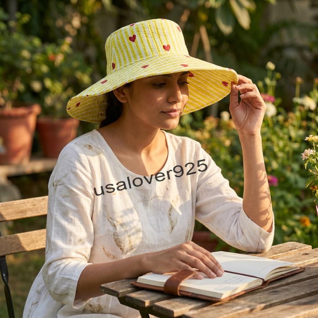 Handmade Cotton Sun Hat – Yellow Stripe Red Heart Block Print Wide Brim Beach Hat
