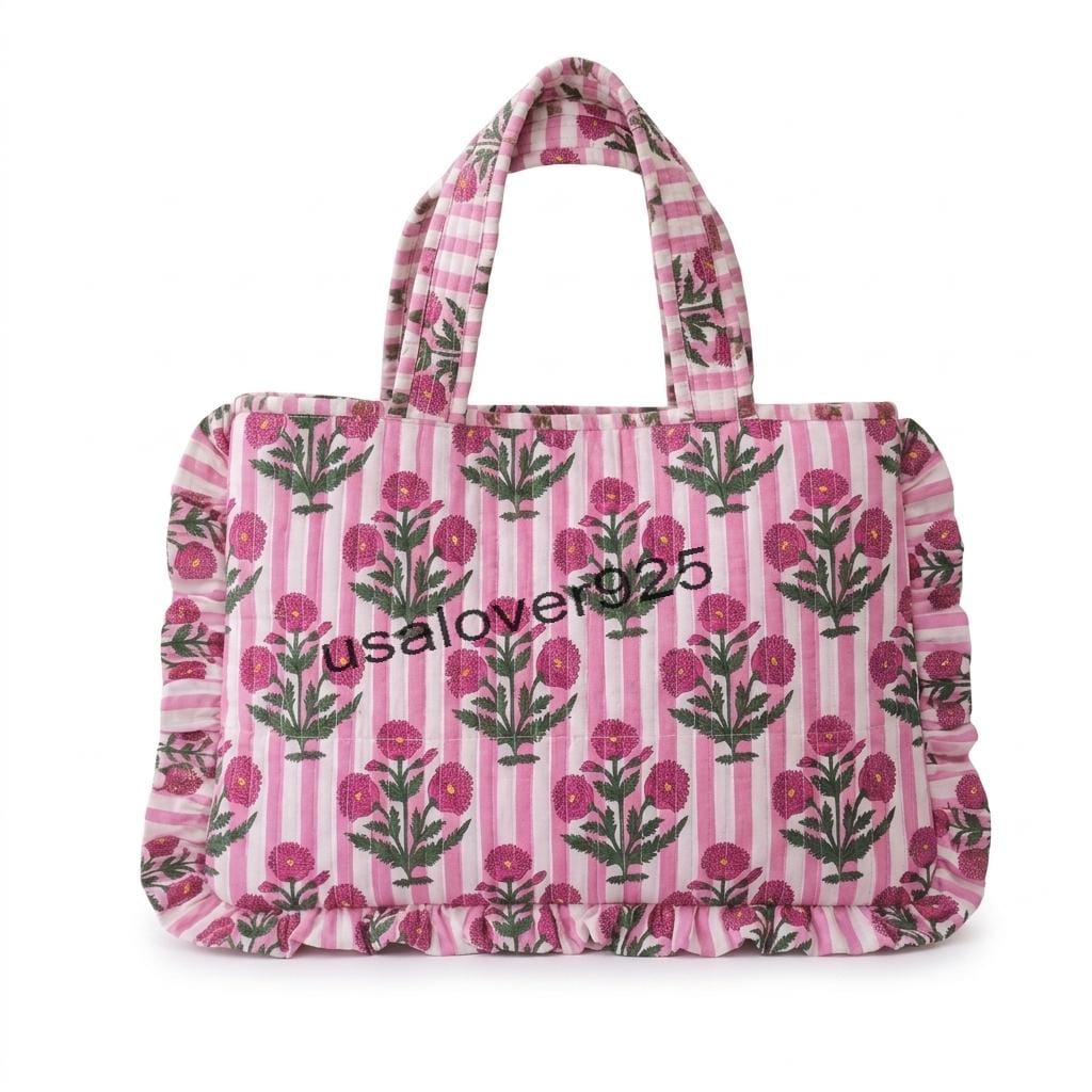 Handmade Ruffled Cotton Tote Bag – Pink Stripe Magenta Floral Quilted Shoulder Bag