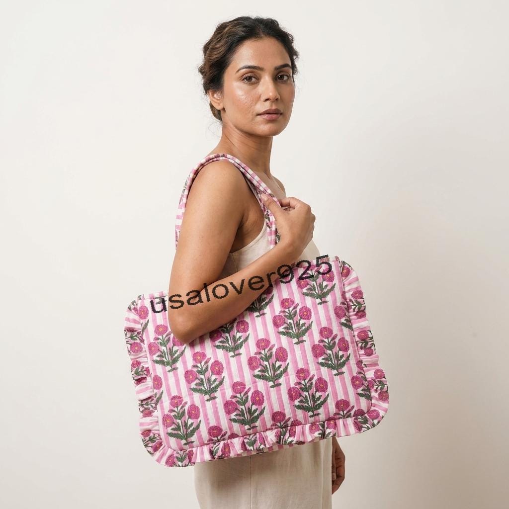 Handmade Ruffled Cotton Tote Bag – Pink Stripe Magenta Floral Quilted Shoulder Bag