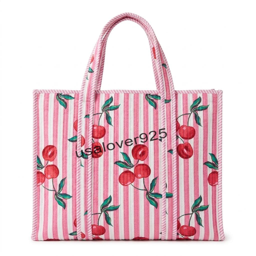 Handmade Quilted Cotton Tote Bag – Pink Stripe Red Cherry Print Large Shoulder Bag