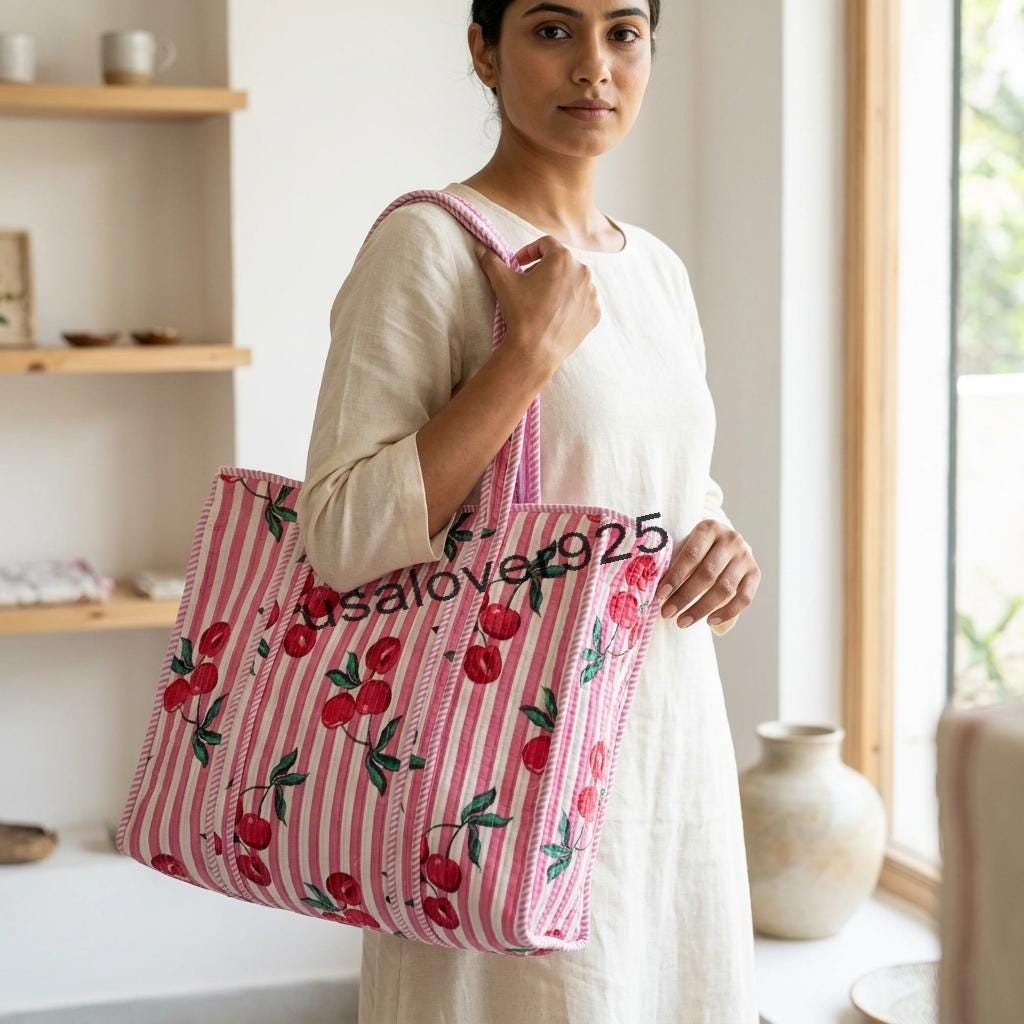 Handmade Quilted Cotton Tote Bag – Pink Stripe Red Cherry Print Large Shoulder Bag