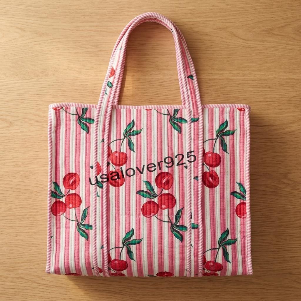 Handmade Quilted Cotton Tote Bag – Pink Stripe Red Cherry Print Large Shoulder Bag