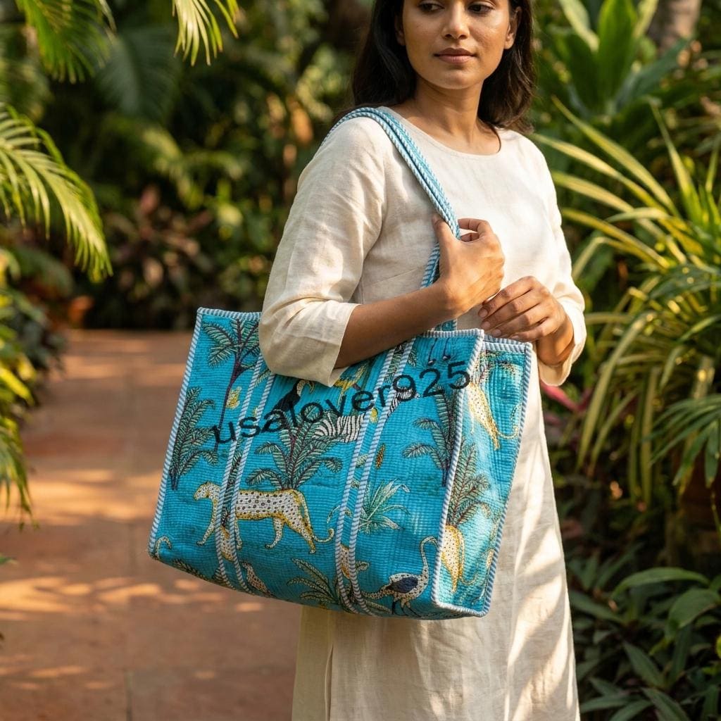 Handmade Quilted Cotton Tote Bag – Turquoise Safari Animal Print Shoulder Beach Travel Bag