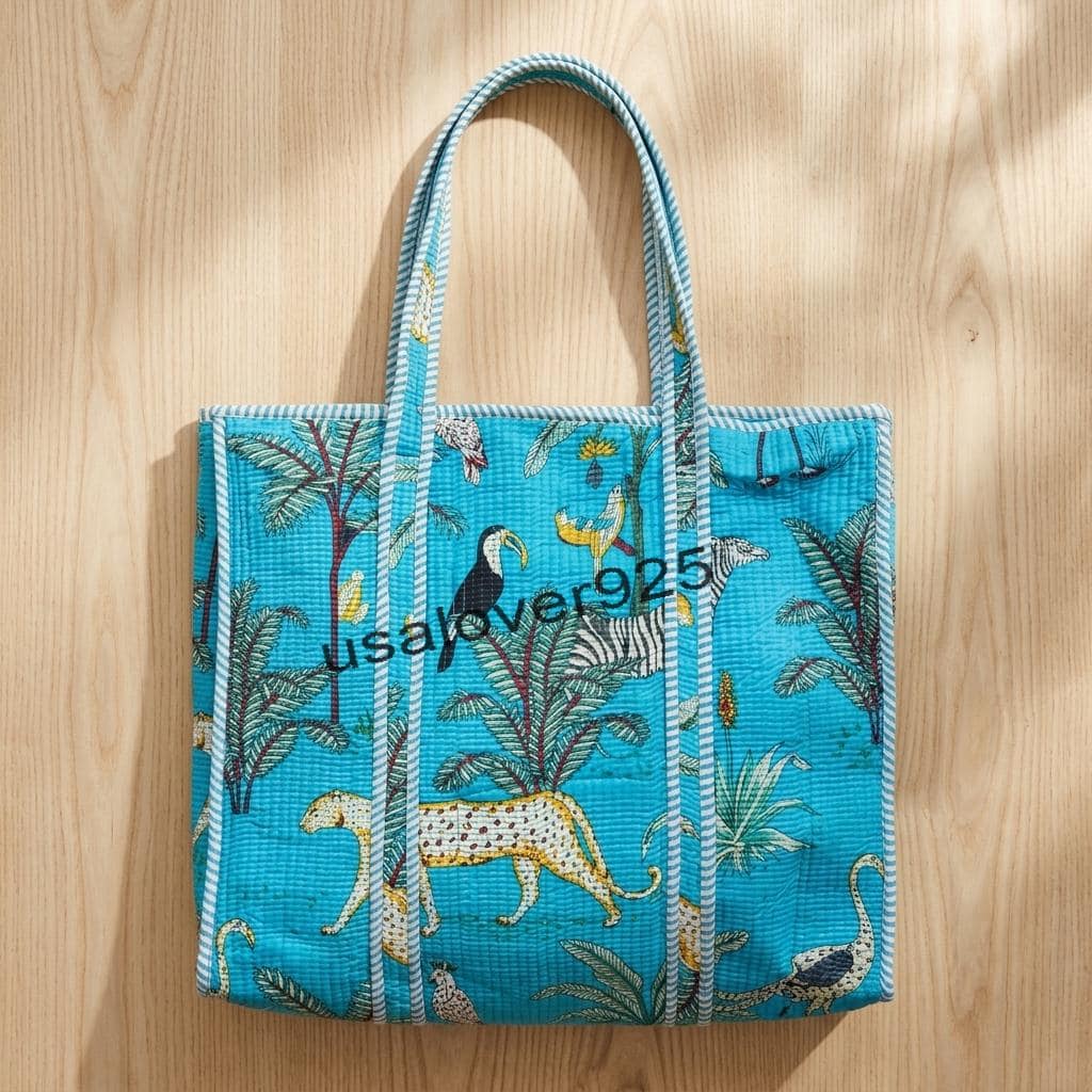 Handmade Quilted Cotton Tote Bag – Turquoise Safari Animal Print Shoulder Beach Travel Bag