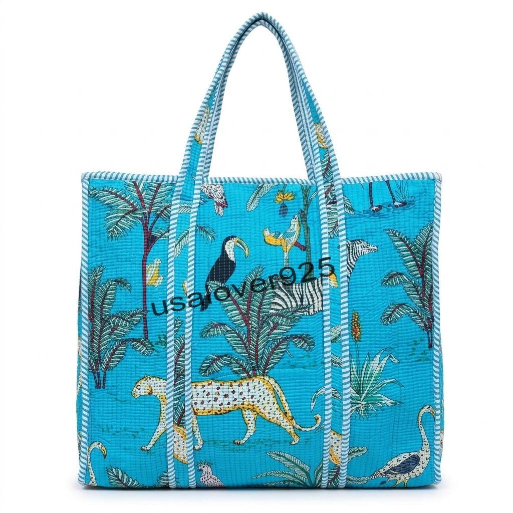 Handmade Quilted Cotton Tote Bag – Turquoise Safari Animal Print Shoulder Beach Travel Bag