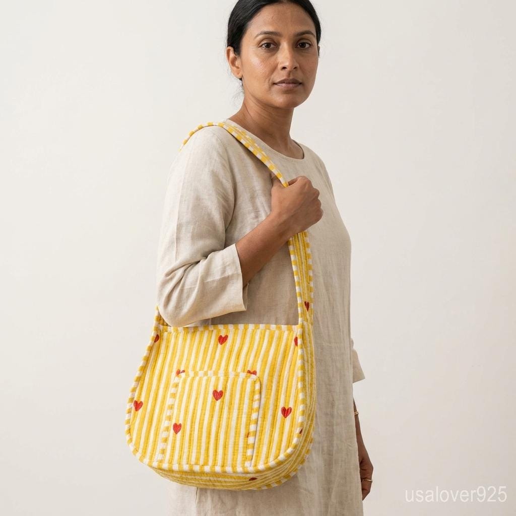Handmade Quilted Cotton Tote Bag – Yellow Heart Stripe Shoulder & Beach Bag