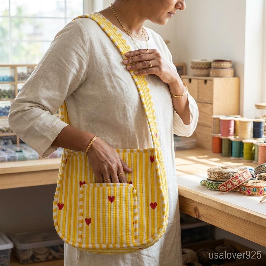 Handmade Quilted Cotton Tote Bag – Yellow Heart Stripe Shoulder & Beach Bag