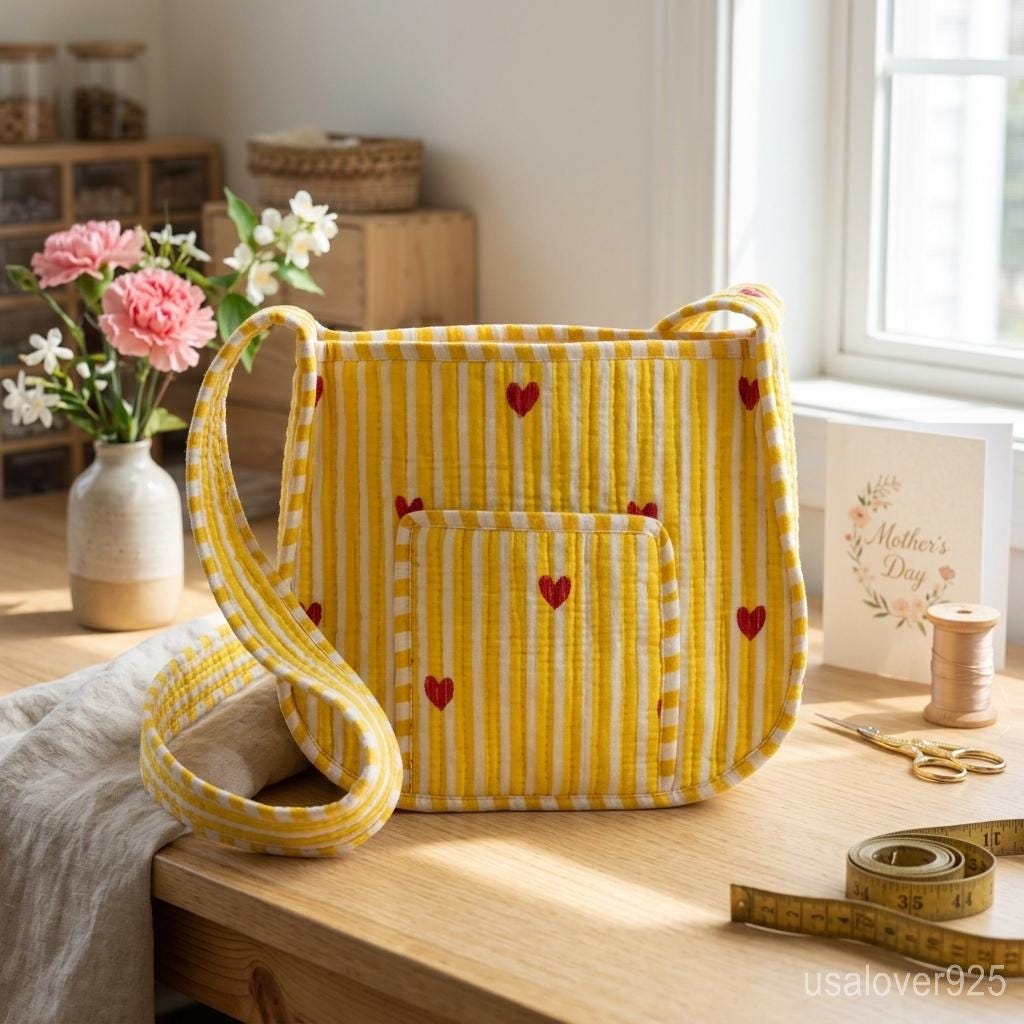 Handmade Quilted Cotton Tote Bag – Yellow Heart Stripe Shoulder & Beach Bag