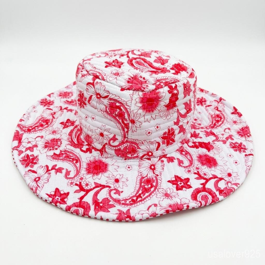 Handmade Quilted Cotton Sun Hat – Pink Paisley Floral Wide Brim Bucket Hat