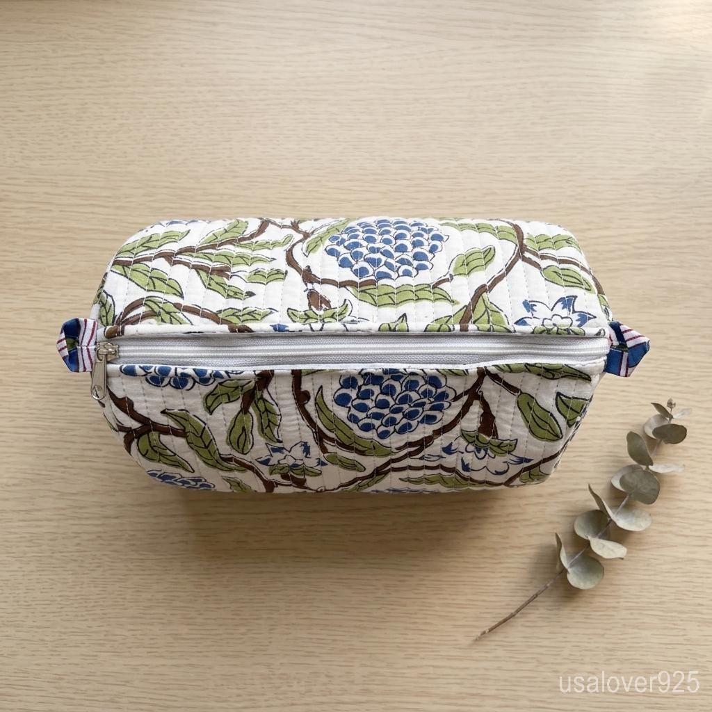 Quilted Cotton Makeup Bag Set of 3 – Blue Floral Block Print Toiletry & Cosmetic Pouches