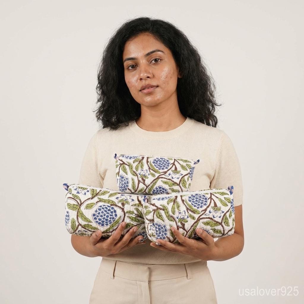 Quilted Cotton Makeup Bag Set of 3 – Blue Floral Block Print Toiletry & Cosmetic Pouches