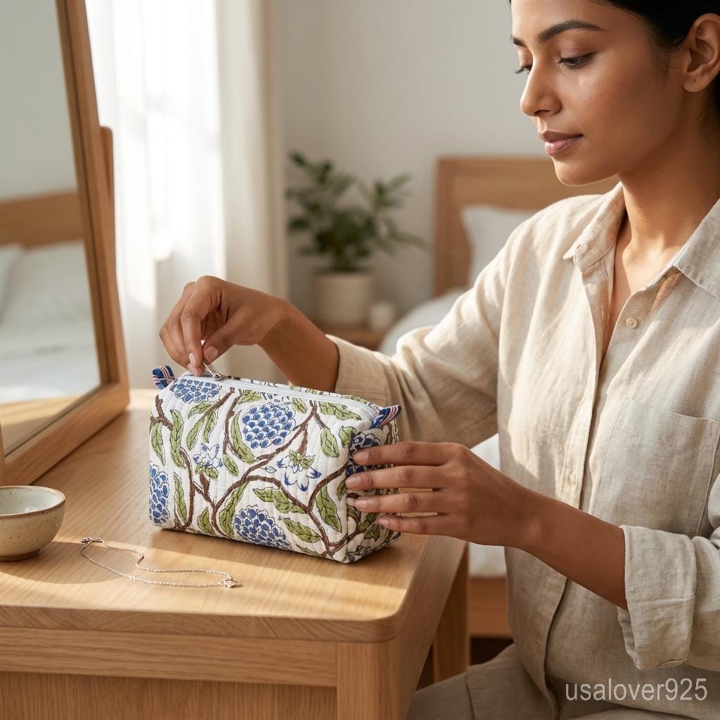 Quilted Cotton Makeup Bag Set of 3 – Blue Floral Block Print Toiletry & Cosmetic Pouches