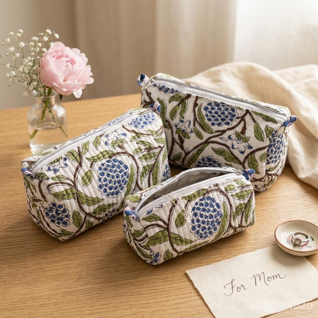 Quilted Cotton Makeup Bag Set of 3 – Blue Floral Block Print Toiletry & Cosmetic Pouches