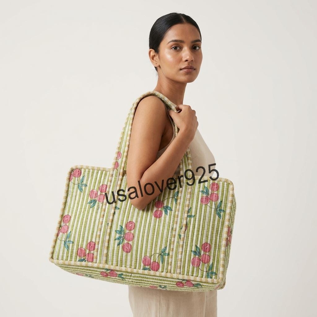 Handmade Quilted Cotton Mahjong Bag – Green Stripe Red Cherry Game Tile Storage Tote