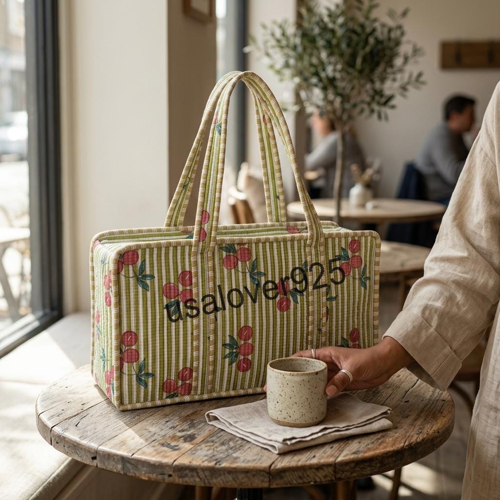 Handmade Quilted Cotton Mahjong Bag – Green Stripe Red Cherry Game Tile Storage Tote