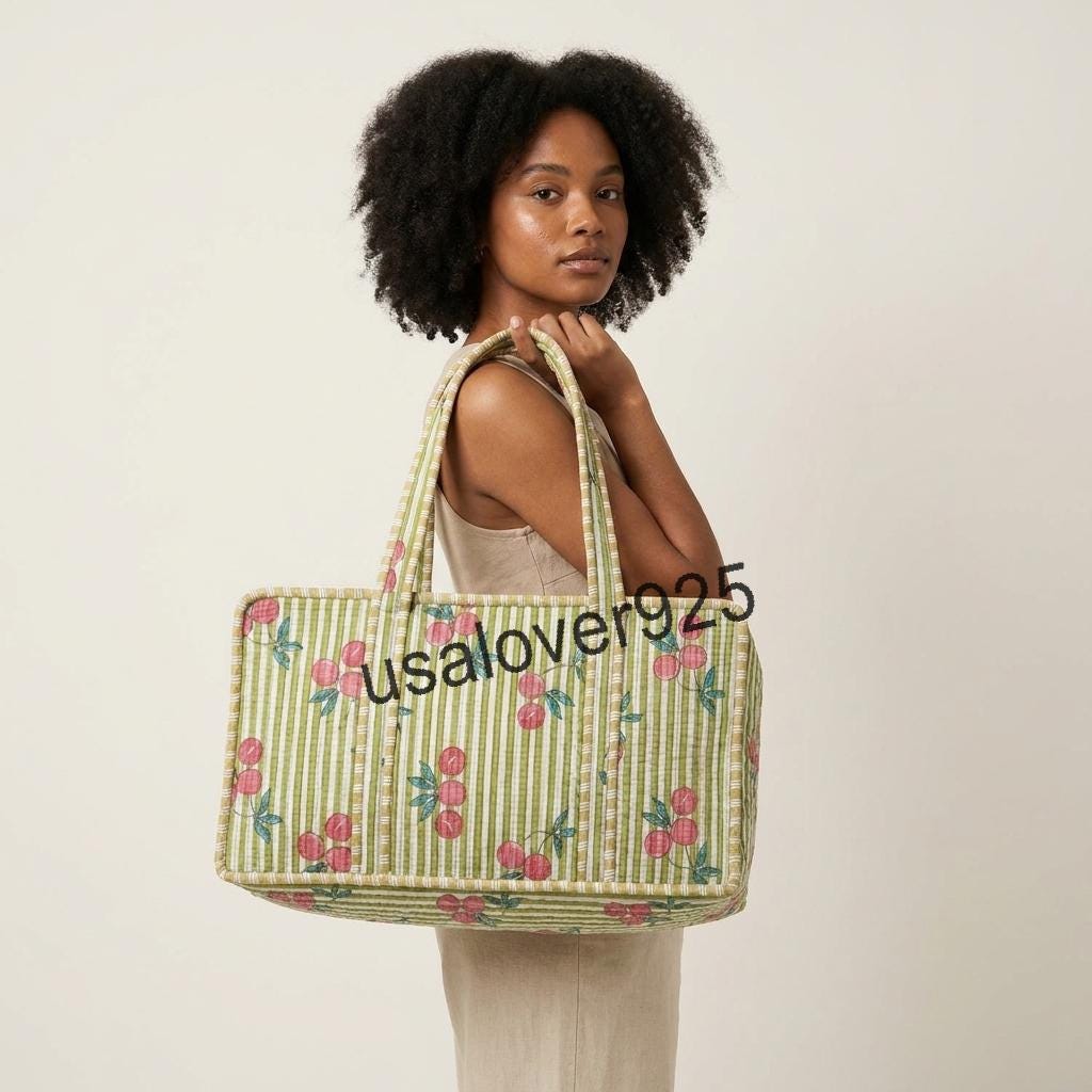 Handmade Quilted Cotton Mahjong Bag – Green Stripe Red Cherry Game Tile Storage Tote
