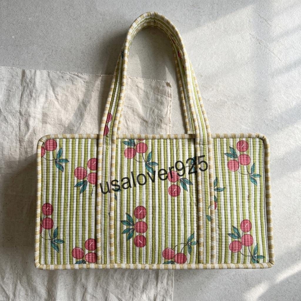 Handmade Quilted Cotton Mahjong Bag – Green Stripe Red Cherry Game Tile Storage Tote
