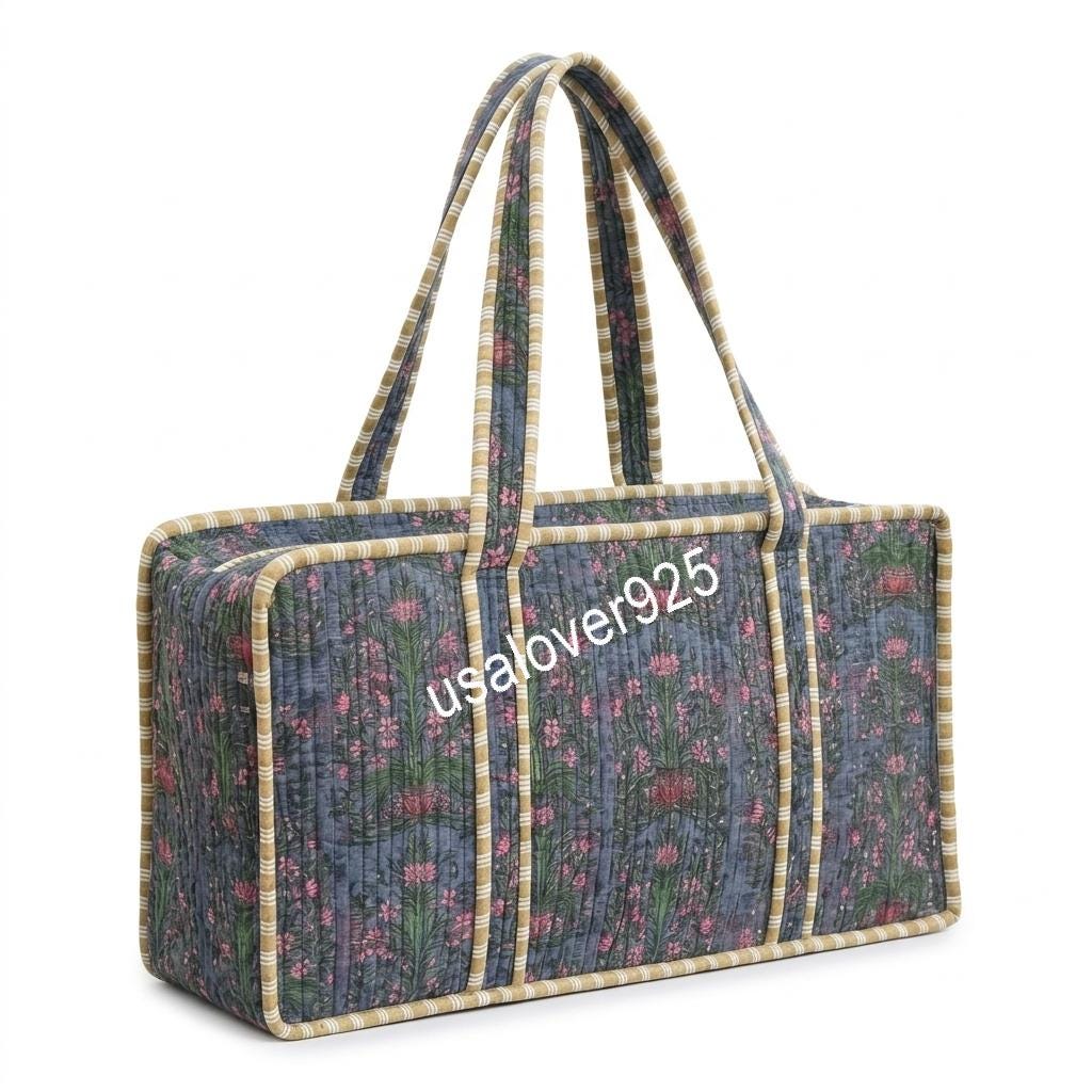 Handmade Quilted Cotton Mahjong Bag – Slate Blue Pink Floral Game Tile Storage Tote