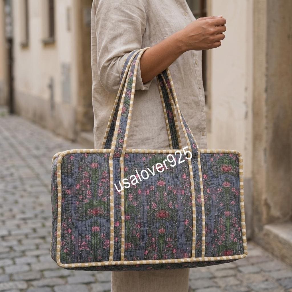 Handmade Quilted Cotton Mahjong Bag – Slate Blue Pink Floral Game Tile Storage Tote