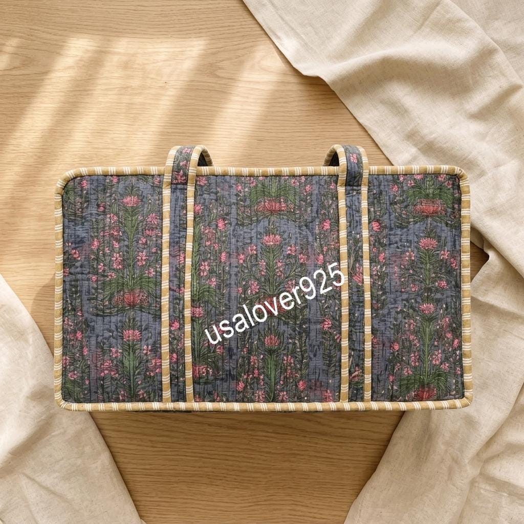 Handmade Quilted Cotton Mahjong Bag – Slate Blue Pink Floral Game Tile Storage Tote