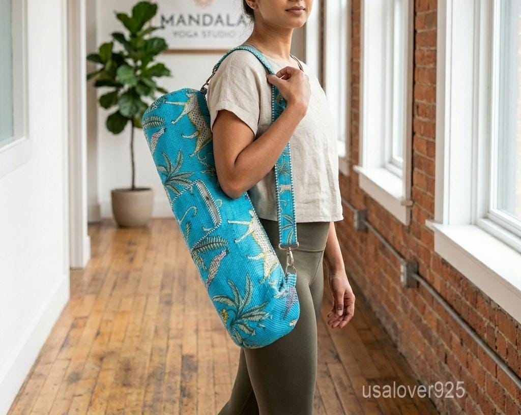 Handmade Quilted Cotton Yoga Mat Bag – Turquoise Cheetah Safari Print Travel & Gym Carrier
