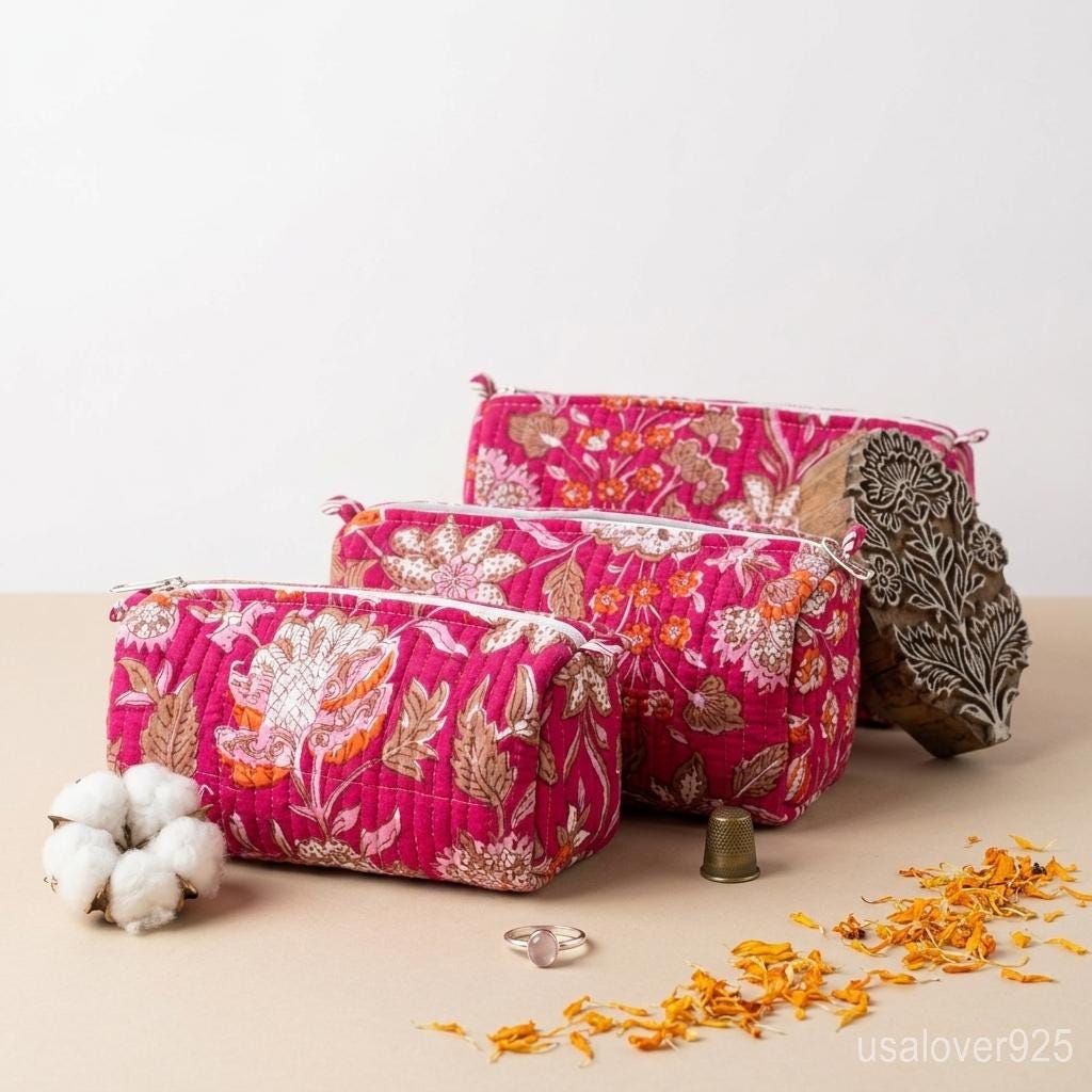 Quilted Cotton Makeup Bag Set of 3 – Magenta Floral Block Print Cosmetic & Toiletry Pouches