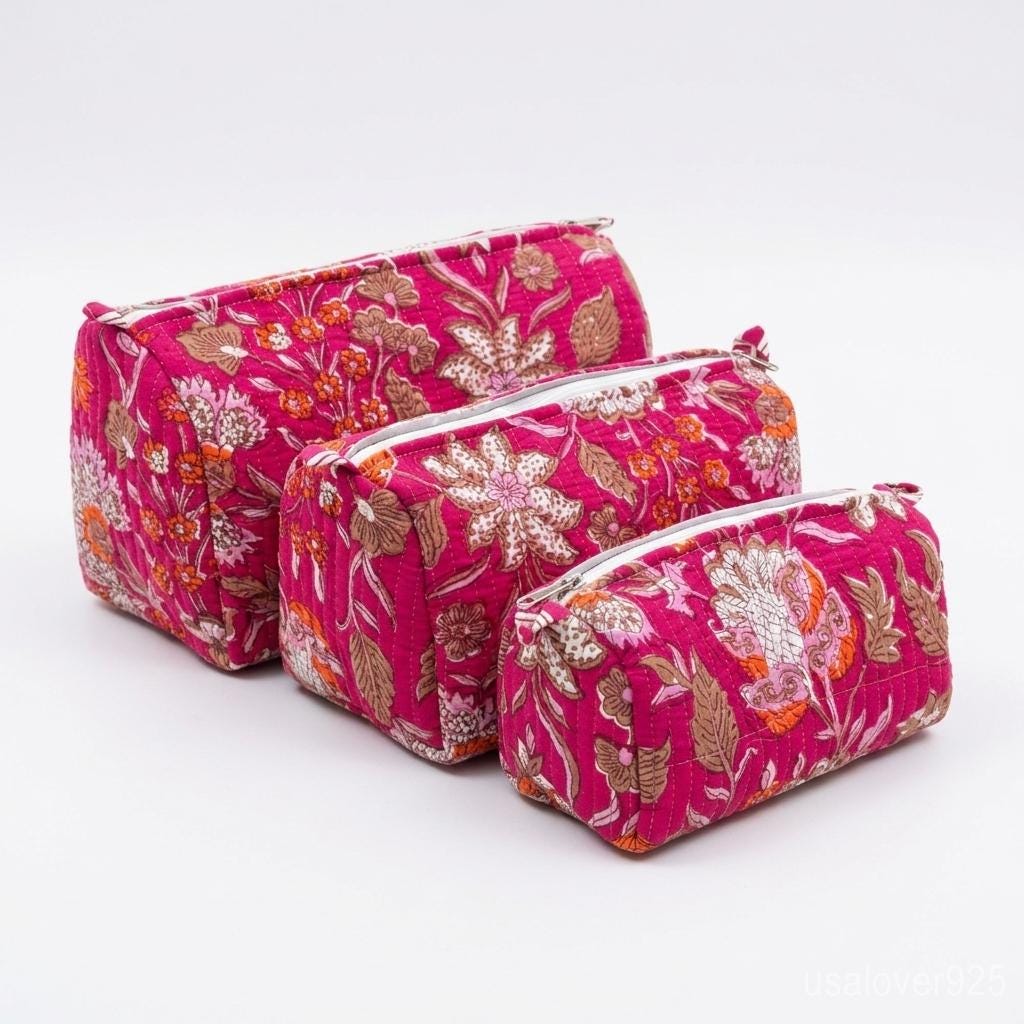 Quilted Cotton Makeup Bag Set of 3 – Magenta Floral Block Print Cosmetic & Toiletry Pouches