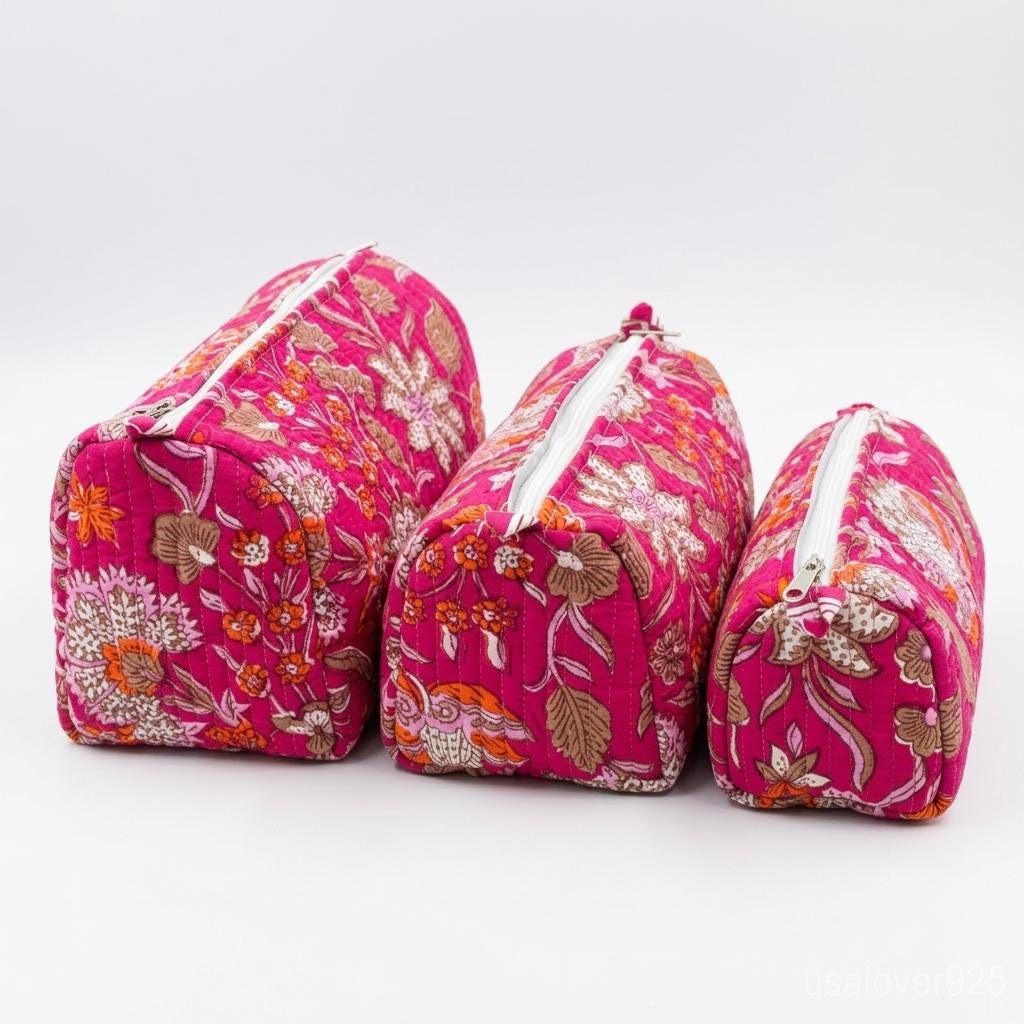 Quilted Cotton Makeup Bag Set of 3 – Magenta Floral Block Print Cosmetic & Toiletry Pouches