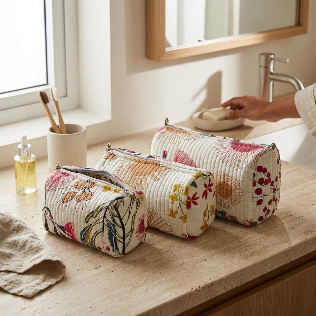 Quilted Cotton Makeup Bag Set of 3 – Floral Block Print Cosmetic & Toiletry Pouches