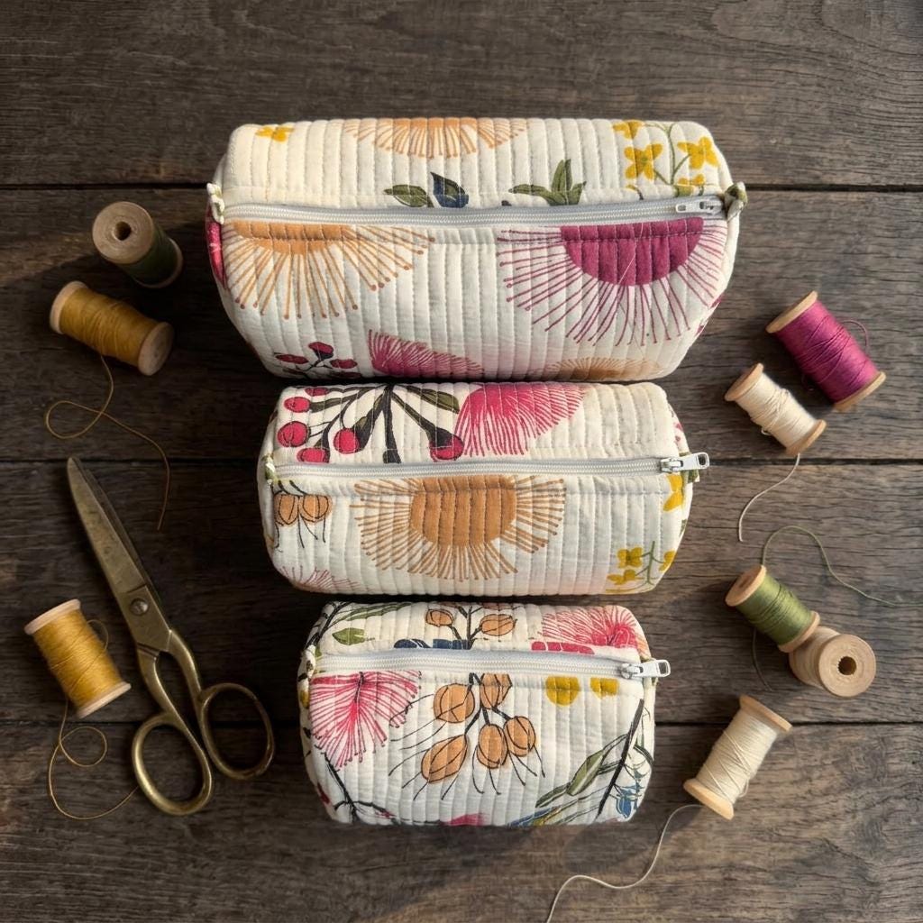 Quilted Cotton Makeup Bag Set of 3 – Floral Block Print Cosmetic & Toiletry Pouches
