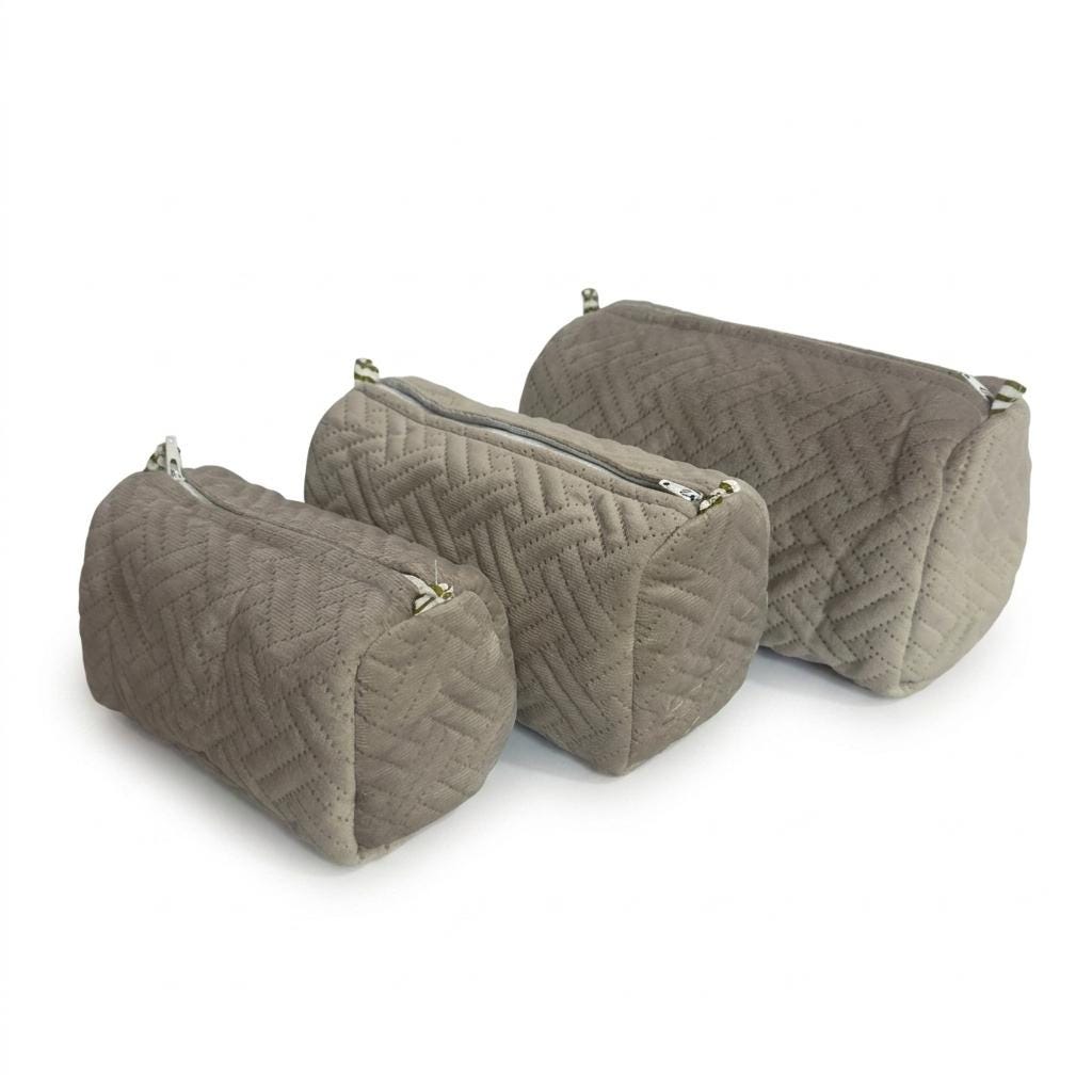 Quilted Velvet Makeup Bag Set of 3 – Taupe Brown Chevron Cosmetic & Toiletry Pouches