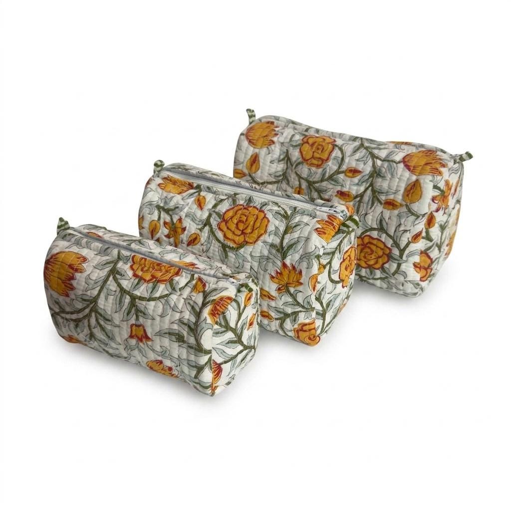 Quilted Cotton Makeup Bag Set of 3 – Yellow Floral Block Print Cosmetic & Toiletry Pouches