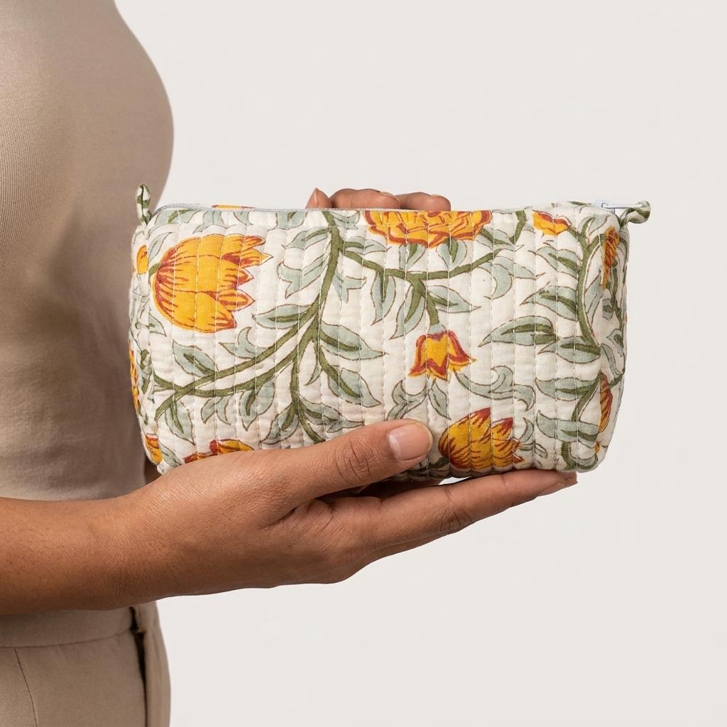 Quilted Cotton Makeup Bag Set of 3 – Yellow Floral Block Print Cosmetic & Toiletry Pouches
