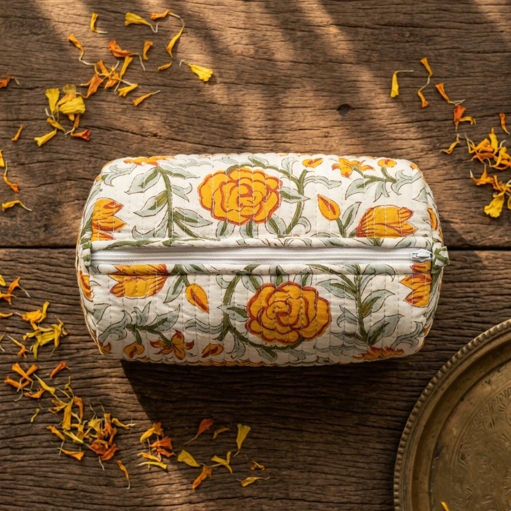 Quilted Cotton Makeup Bag Set of 3 – Yellow Floral Block Print Cosmetic & Toiletry Pouches