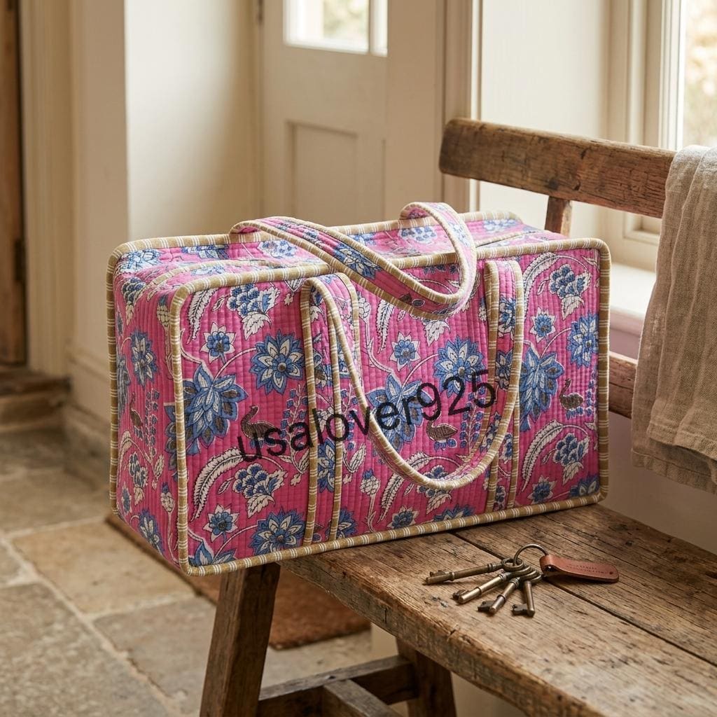 Handmade Quilted Cotton Mahjong Bag – Bright Pink Blue Floral Game Tile Storage Tote