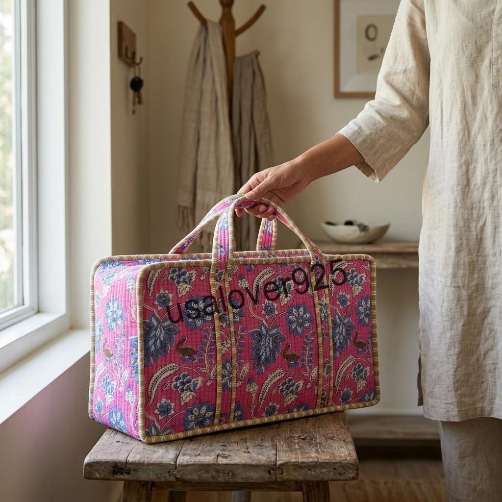 Handmade Quilted Cotton Mahjong Bag – Bright Pink Blue Floral Game Tile Storage Tote