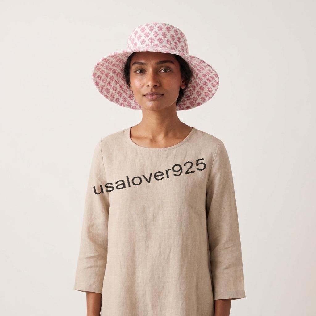 Handmade Cotton Sun Hat – Pink Floral Wide Brim Block Print Beach & Garden Hat
